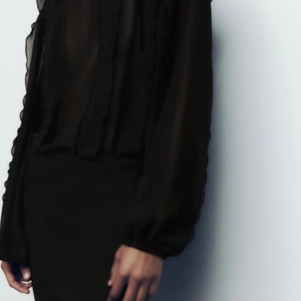Zara Short Ruffle Dress, Sheer Black Long Sleeve, Parties, Dance, Cocktails, M - Picture 5 of 13